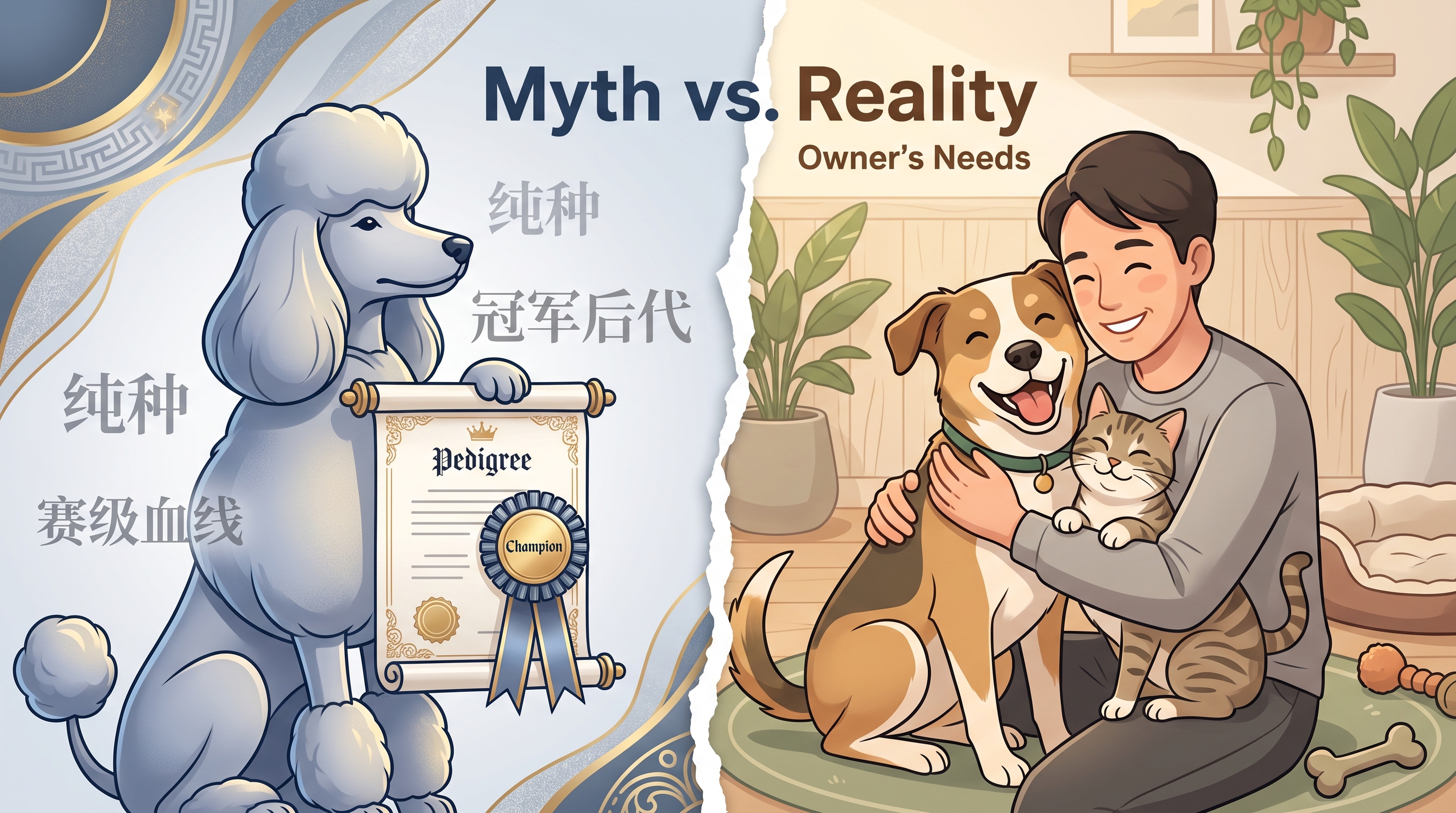 商业迷思与真实需求对比图解：纯种、冠军后代、赛级血线营销叙事 vs 陪伴伙伴的真实需求